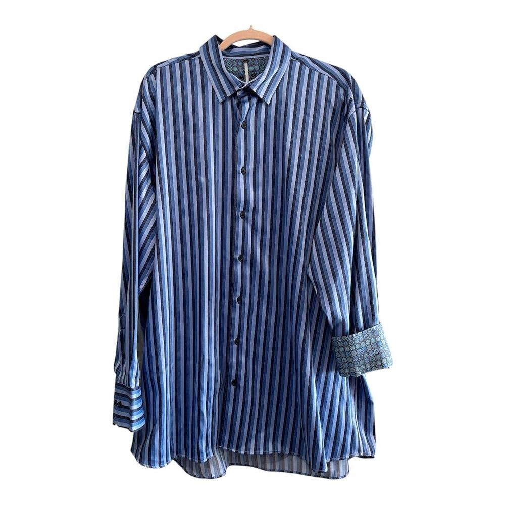 Visconti Black Men's 2XL Long Sleeve Blue Striped Button Down Shirt‎ Flip Cuff